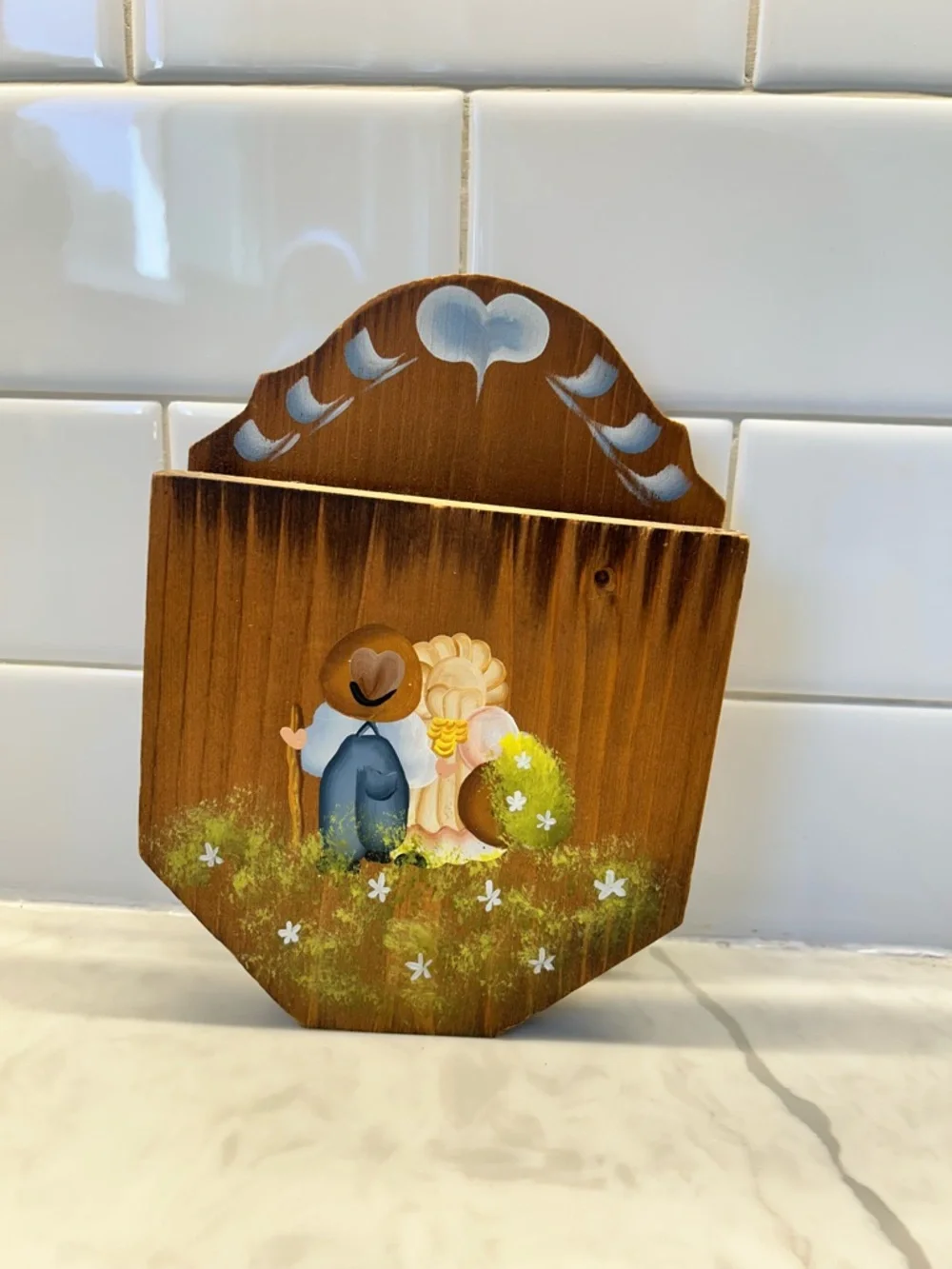 Vintage Hand-Painted Wooden Wall Pocket
